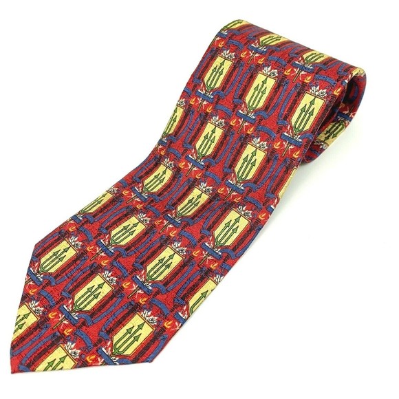 ERMENEGILDO ZEGNA Tie Red Mens 100% Silk Trident Spear Poseidon Theme Necktie - Picture 1 of 10
